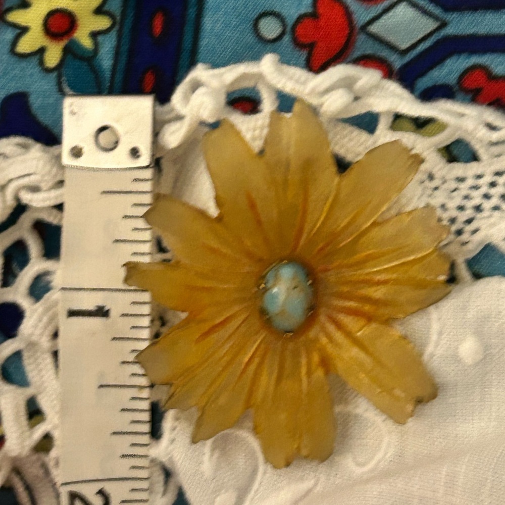 Antique Signed Celluloid Genuine Turquoise Flower C Clasp Brooch - Picture 3 of 15
